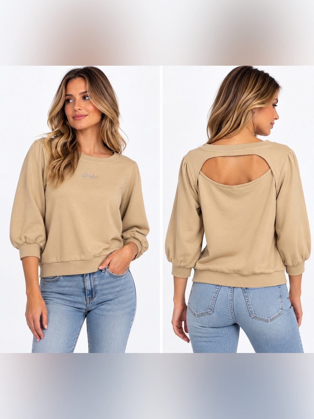 BOSS Evela Open Beige Rhinestone Logo Open Back Sweatshirt Small NWT